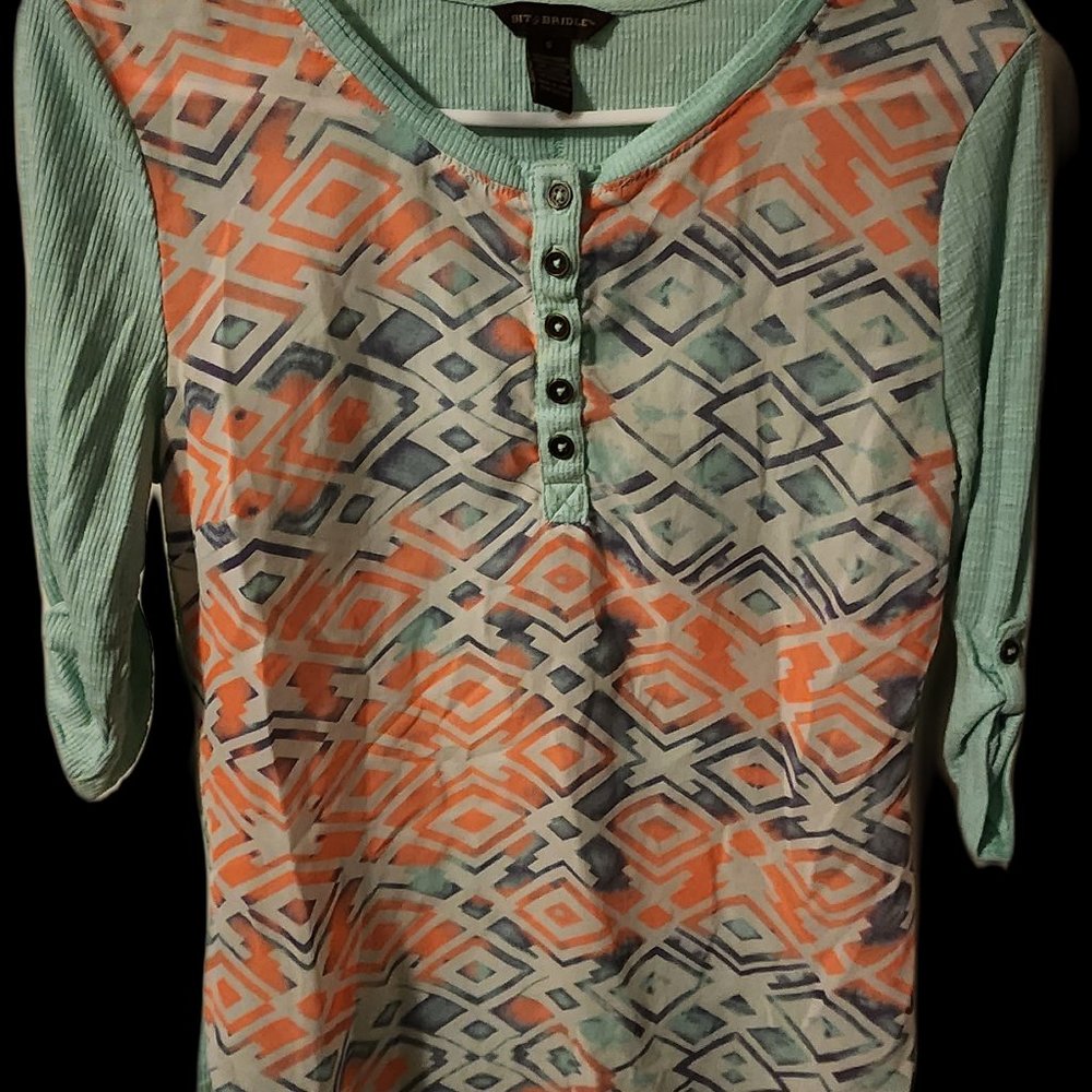 Bit & Bridle Women's S Pullover Aztec Sheer Teal Peach and Green Roll Tab Sleeve